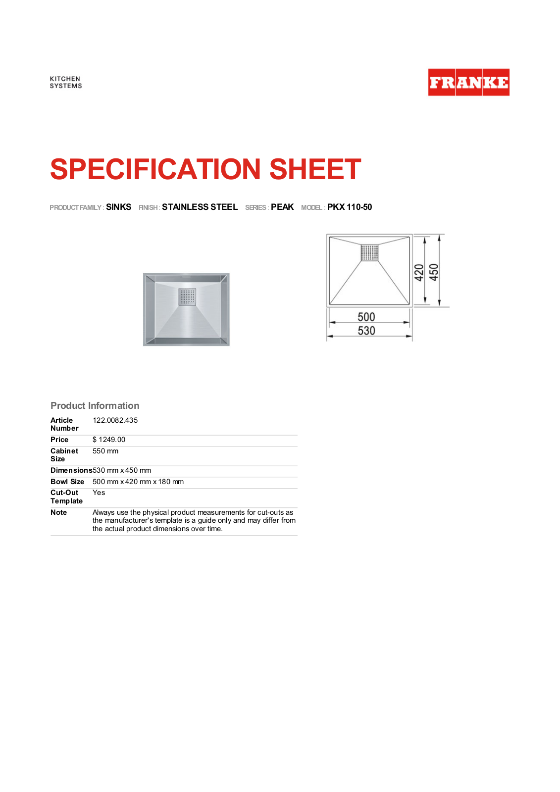 Franke Foodservice PKX 110-50 User Manual