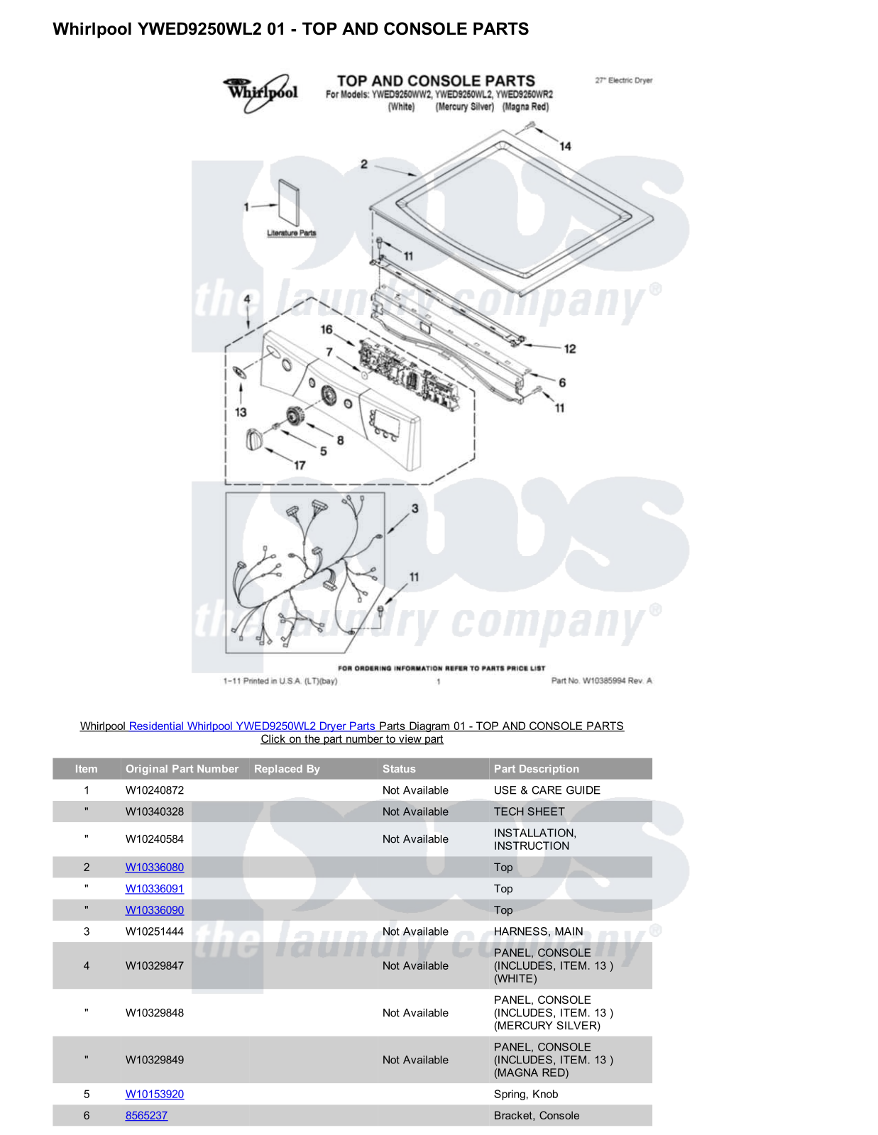 Whirlpool YWED9250WL2 Parts Diagram