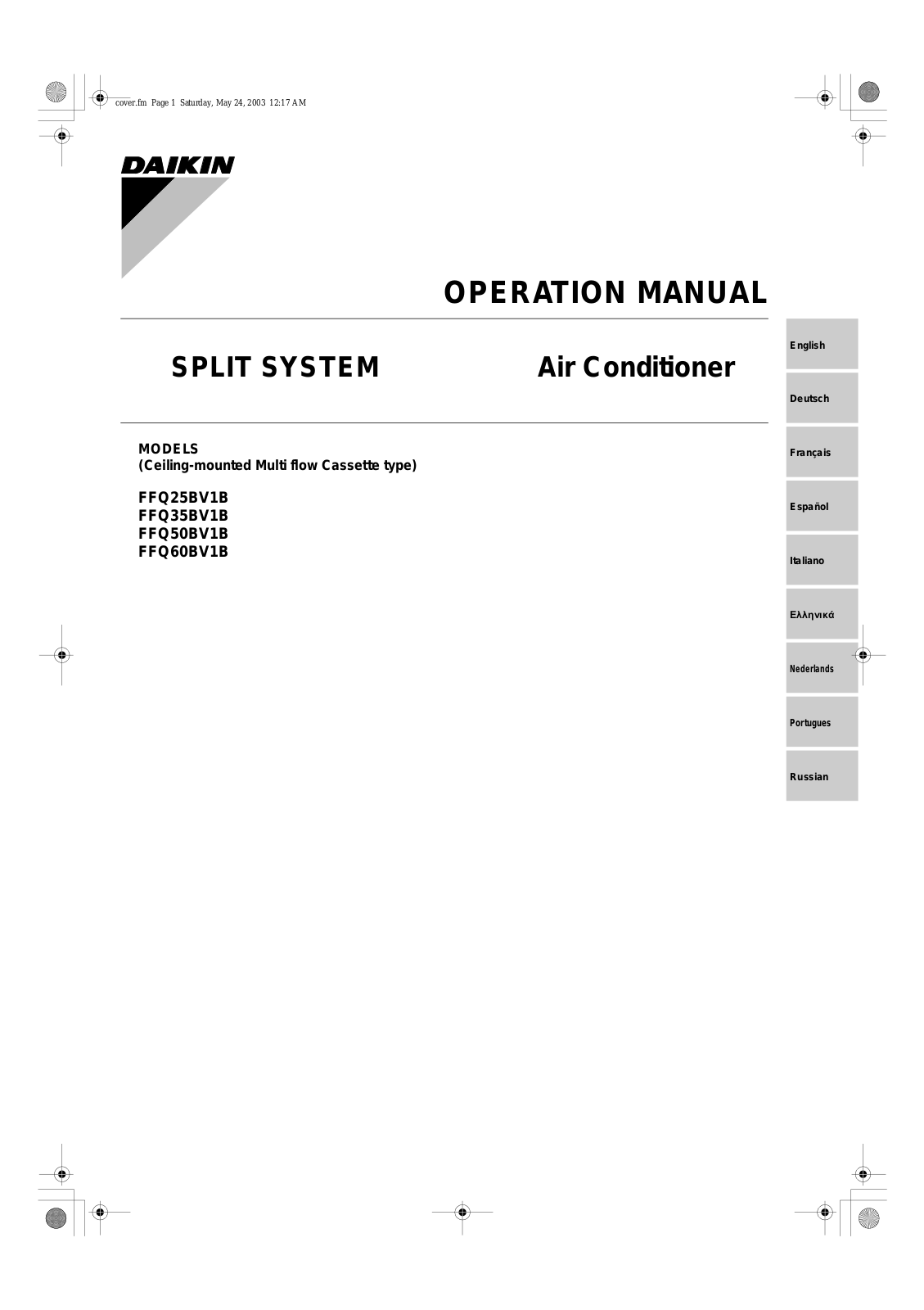 Daikin FFQ25BV1B, FFQ35BV1B, FFQ50BV1B, FFQ60BV1B Operation manuals