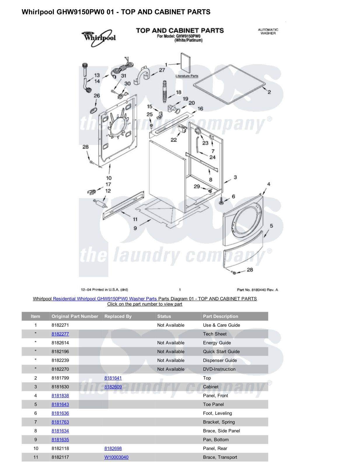 Whirlpool GHW9150PW0 Parts Diagram