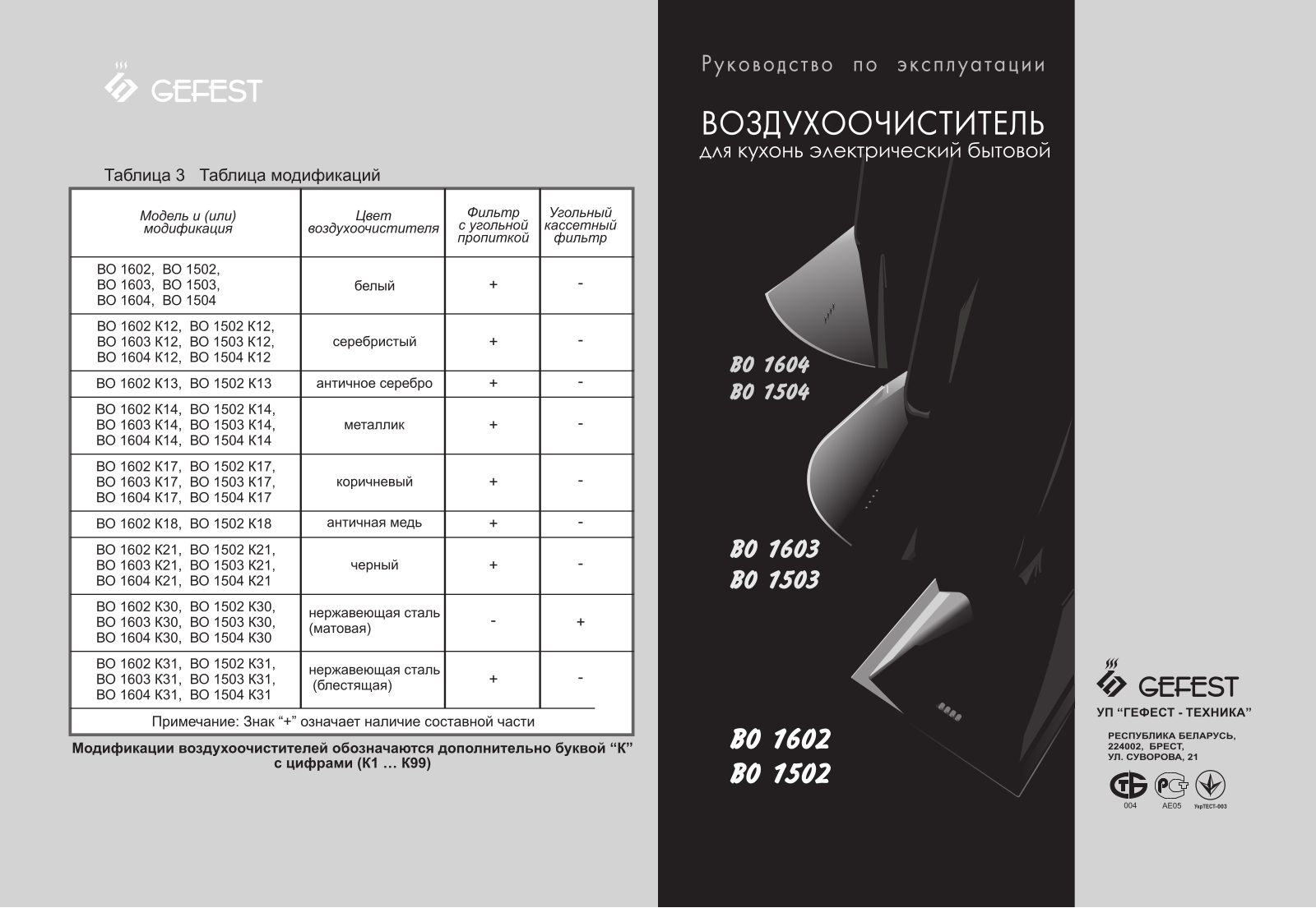 Gefest BO-1502, BO-1503, BO-1602, BO-1603 User manual