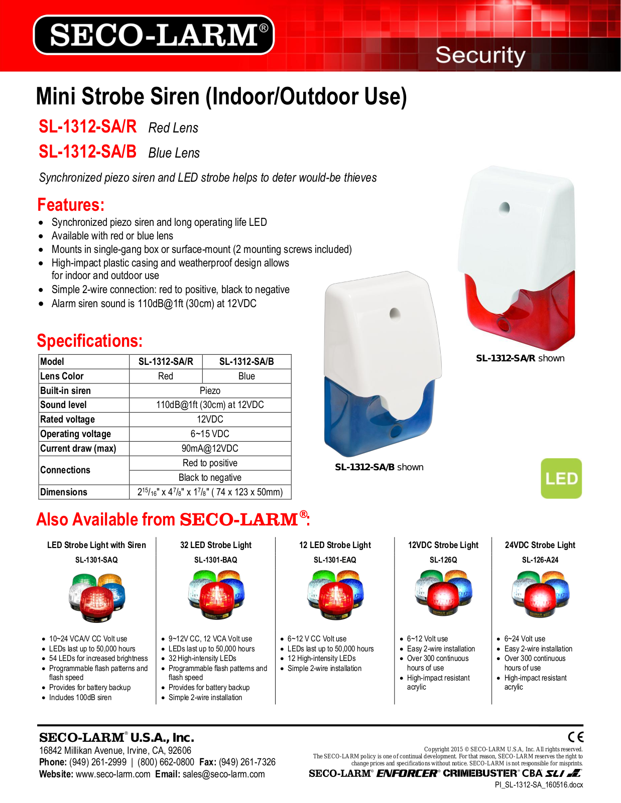 Seco-Larm SL-1312-SA-B Specsheet