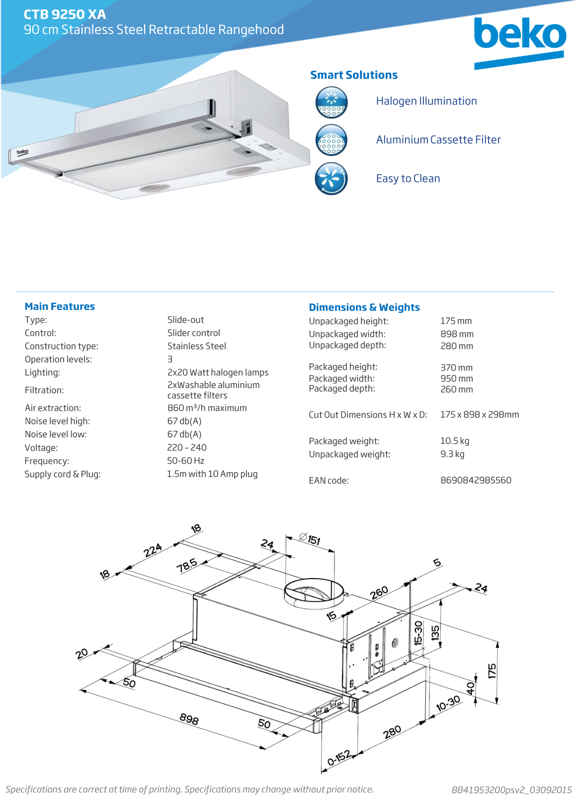 Beko CTB9250XA Specifications Sheet