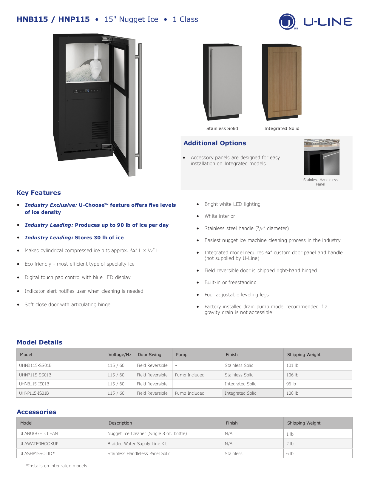 U-Line UHNP115SS01B, UHNB115IS01B Specifications