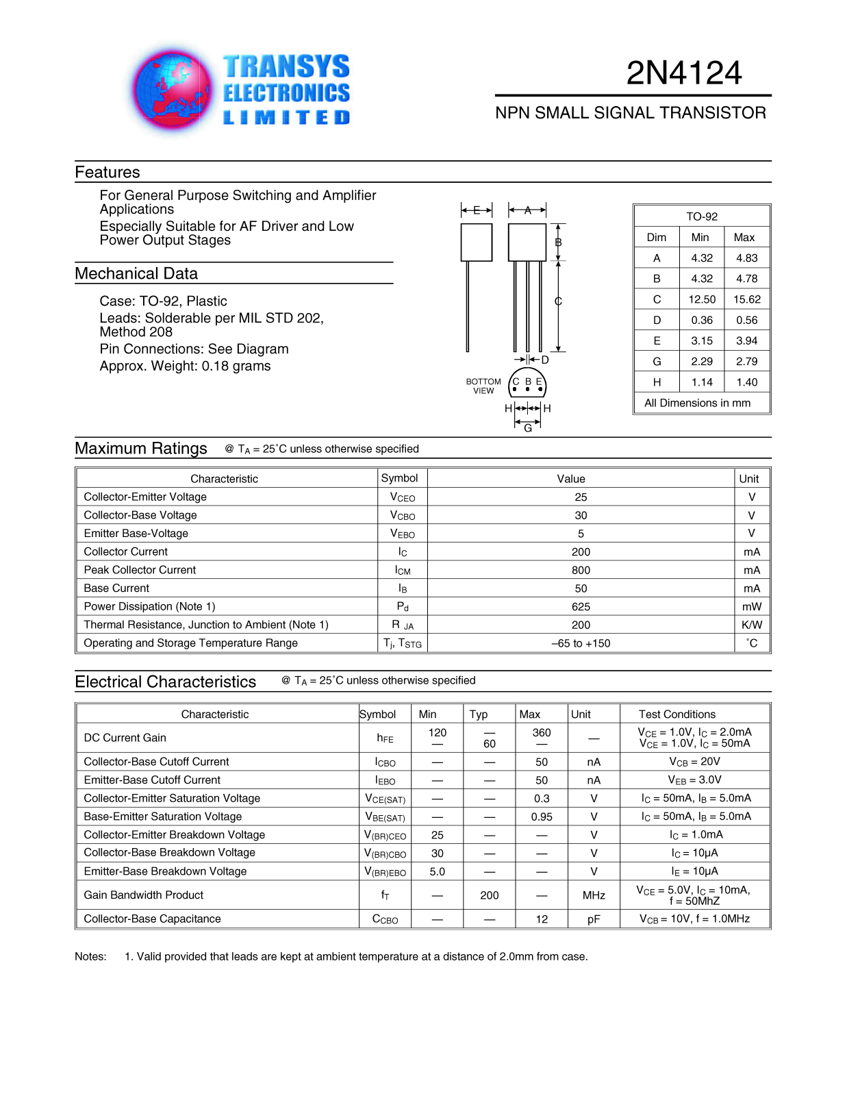 TEL 2N4124, 2N4124 Datasheet