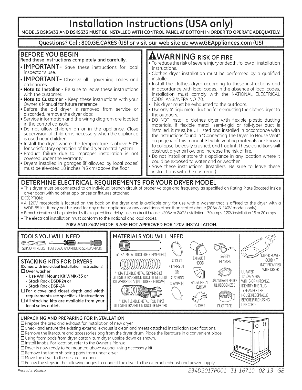 GE DSKS333EC5WW, DSKS433EB5WW, DSKS433EB6WW Installation Guide