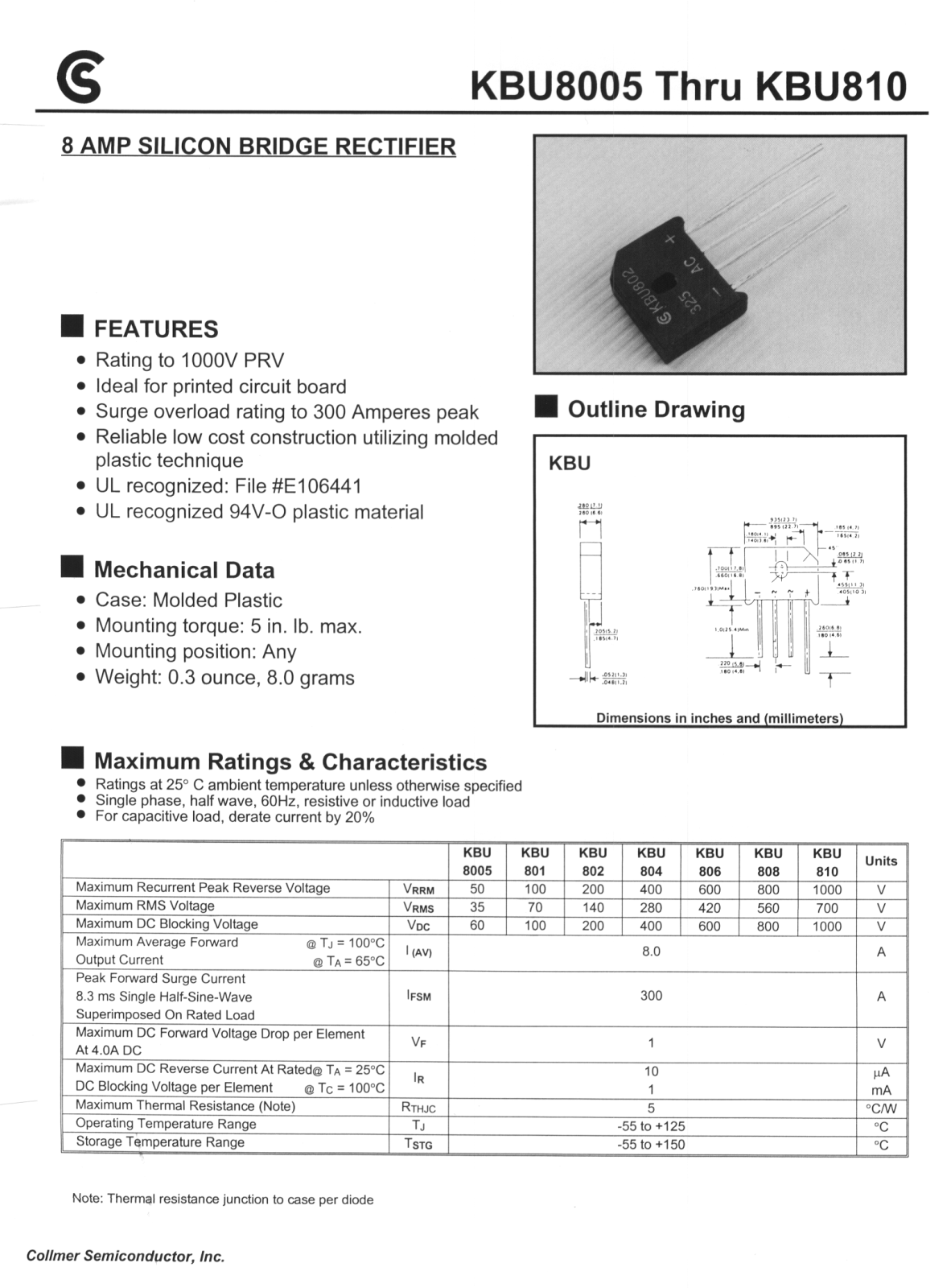 CALLMER KBU806, KBU804, KBU802, KBU810, KBU808 Datasheet