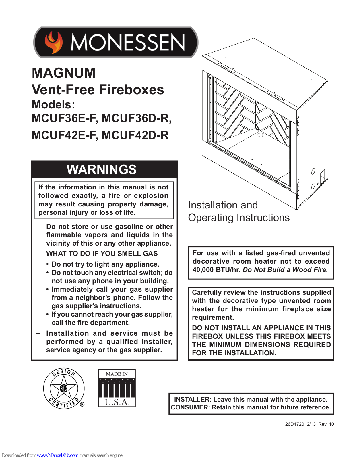 Monessen Hearth MAGNUM MCUF36E-F, MAGNUM MCUF36D-R, MAGNUM MCUF42E-F, MAGNUM MCUF42D-R Installation And Operating Instructions Manual