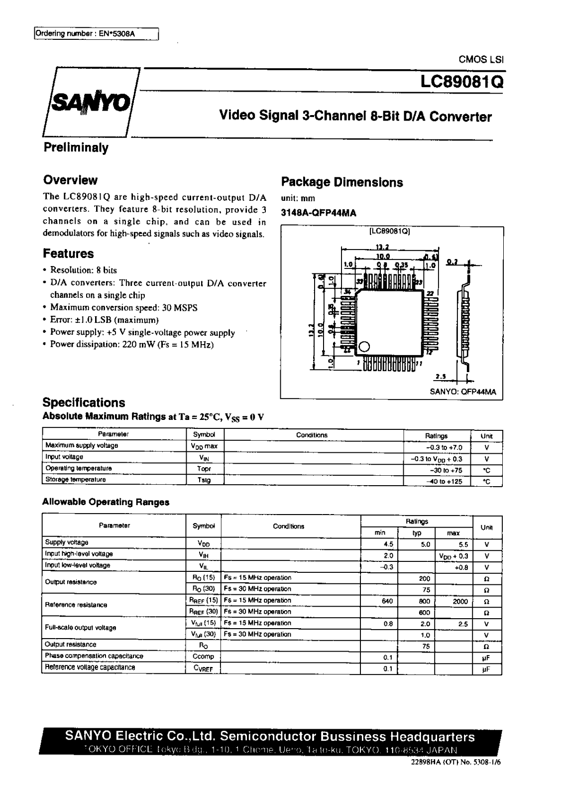 Sanyo LC89081Q Specifications