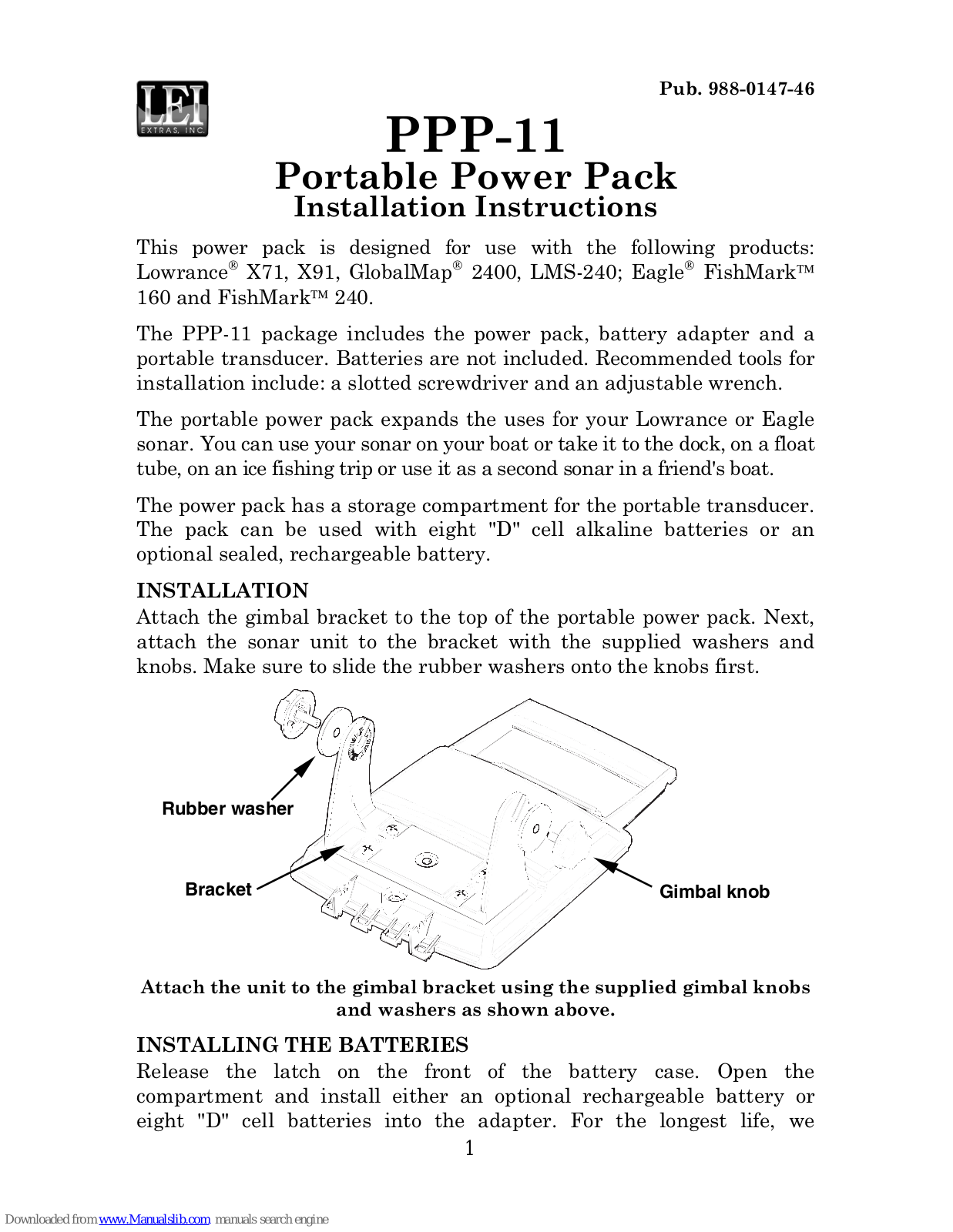 Lowrance 11, PPP-11, Portable Power Pack Installation Instructions Manual