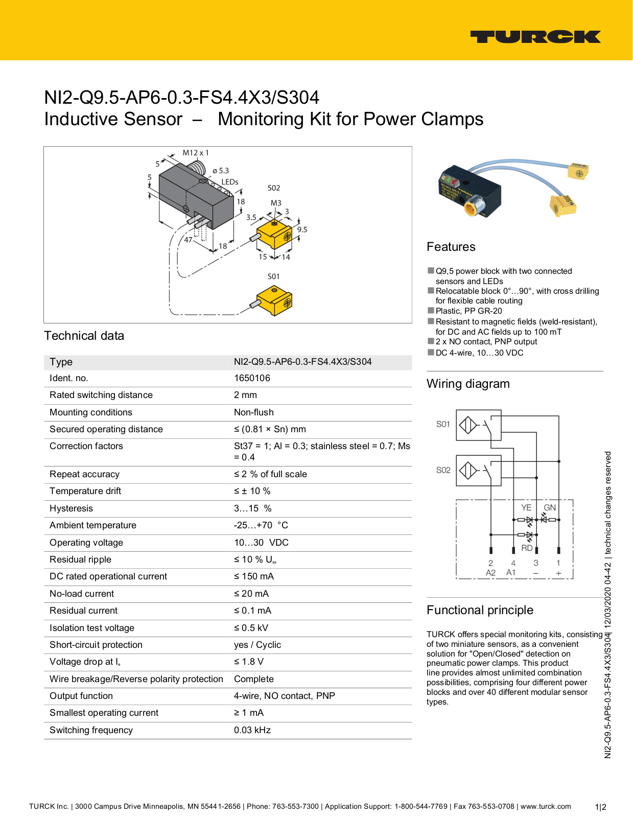 TURCK NI2-Q9.5-AP6-0.3-FS4.4X3/S304 Technical data