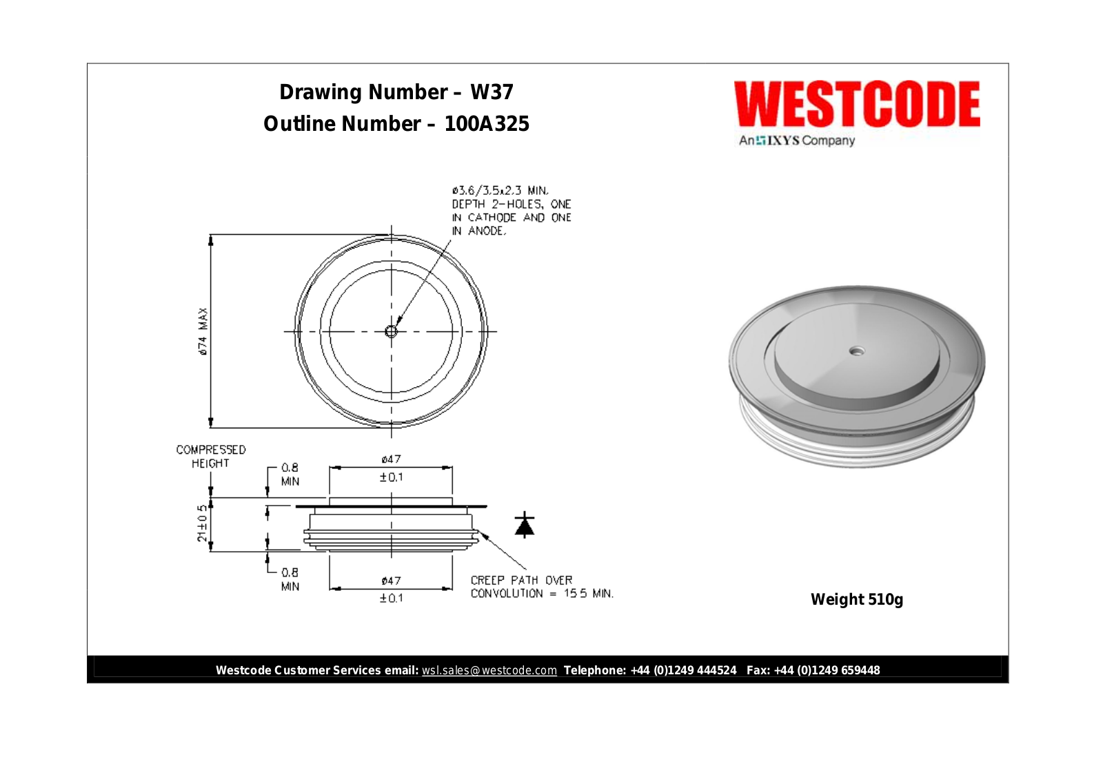 Westcode Semiconductors W37 100A325 Dimensional Sheet