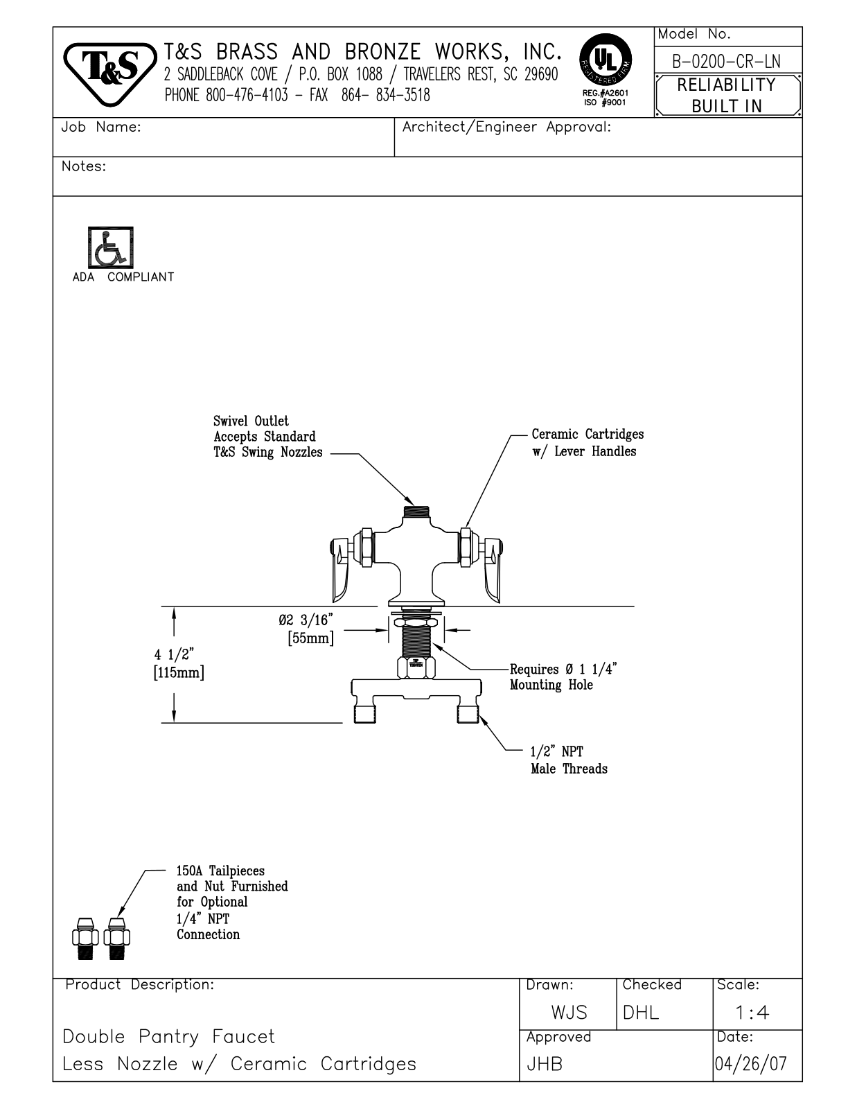 T & S Brass & Bronze Works B-0200-CR-LN General Manual