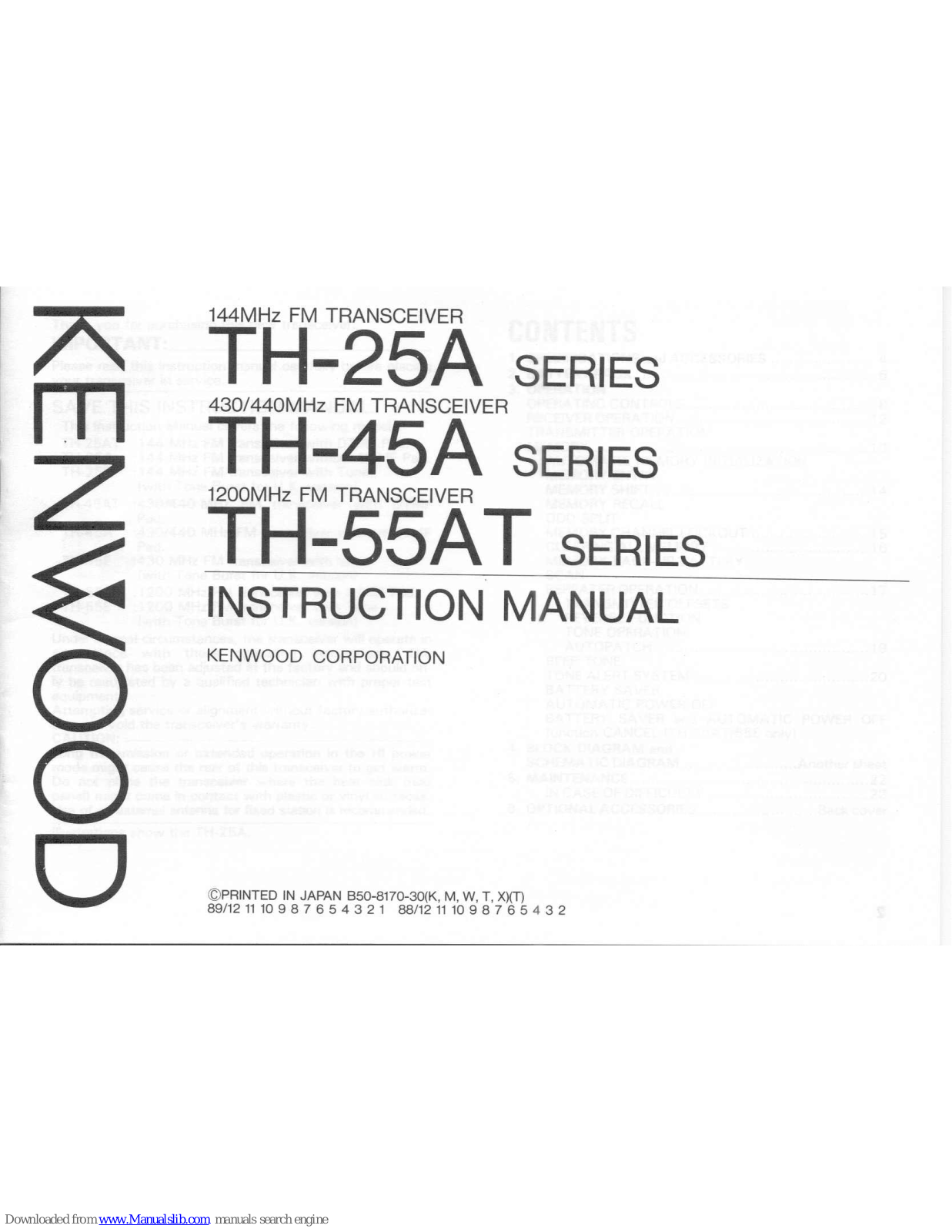 Kenwood TH-25A Series, TH-45A, TH-55AT, TH-25AT, TH-25E Instruction Manual