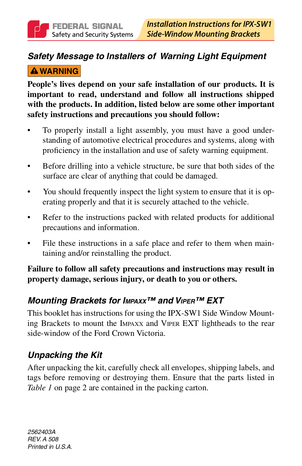 Federal Signal Corporation IPX-SW1 Installation Instructions Manual