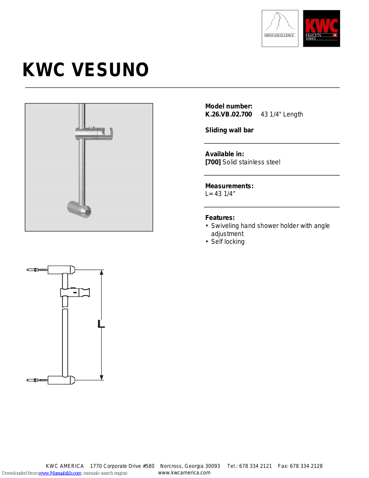 KWC Vesuno K.26.VB.02.700 Specification Sheet