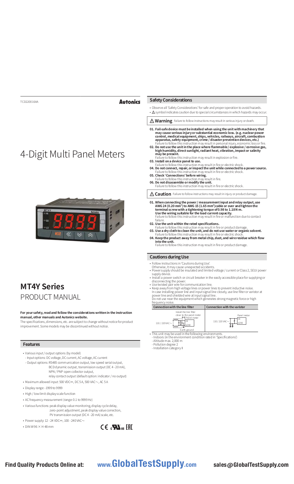 Autonics MT4W-DA-41, MT4W-DA-1N, MT4W-DA-4N, MT4W-DV-4N, MT4W-DA-11 User manual