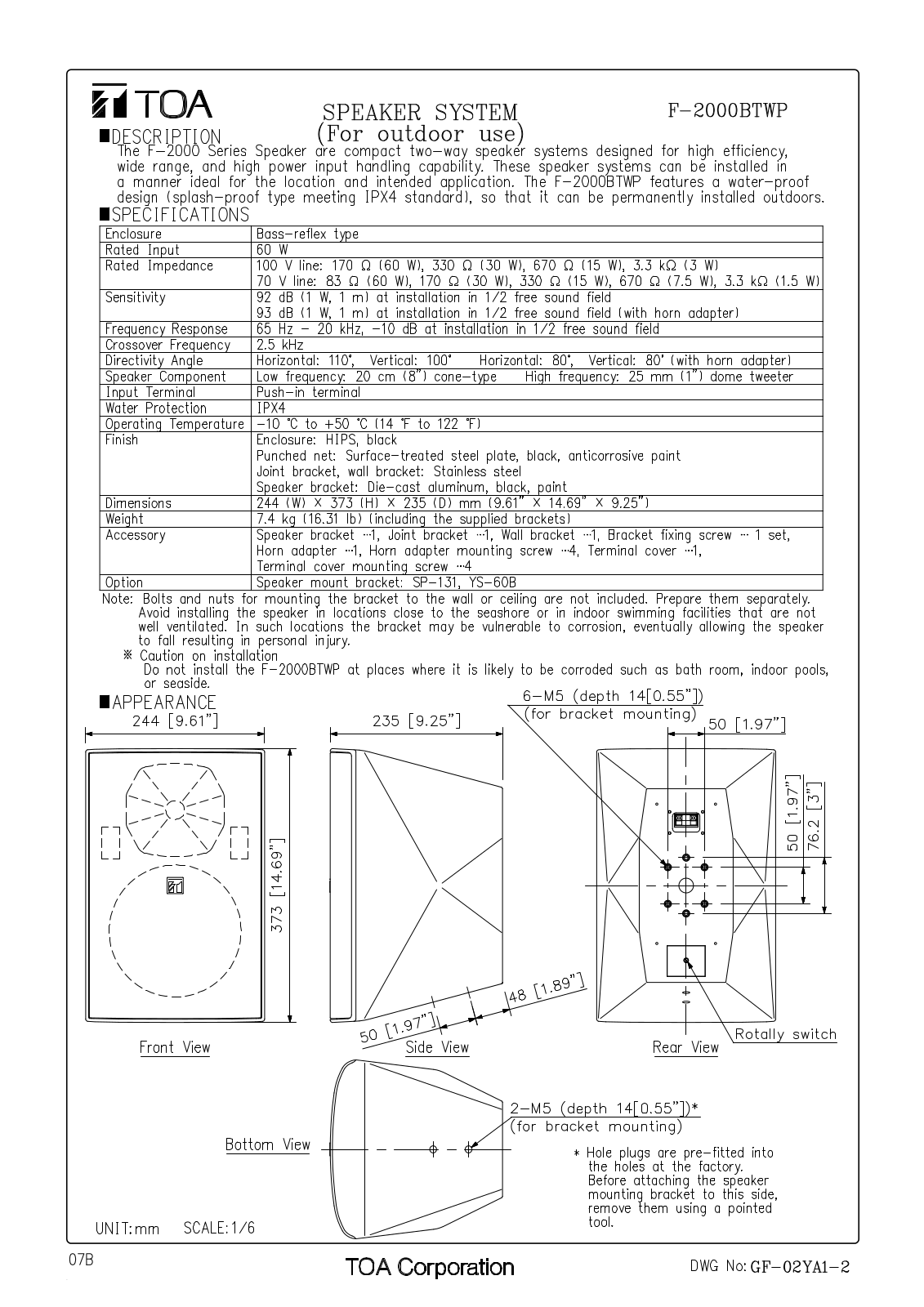 TOA F-2000BTWP User Manual