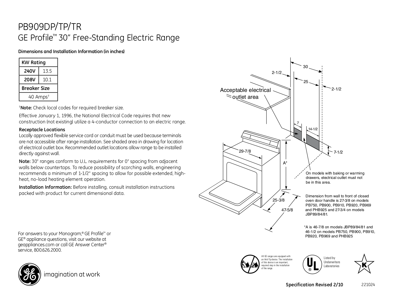 General Electric PB909DPBB User Manual