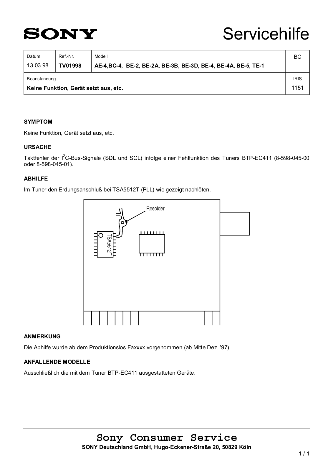 SONY AE-4, BC-4, BE-2, BE-2A, BE-3B Servicehilfe