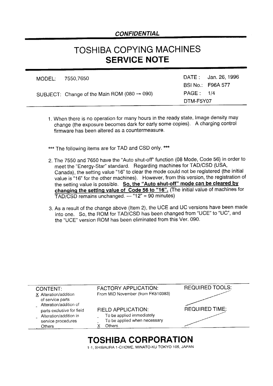 Toshiba f96a577 Service Note