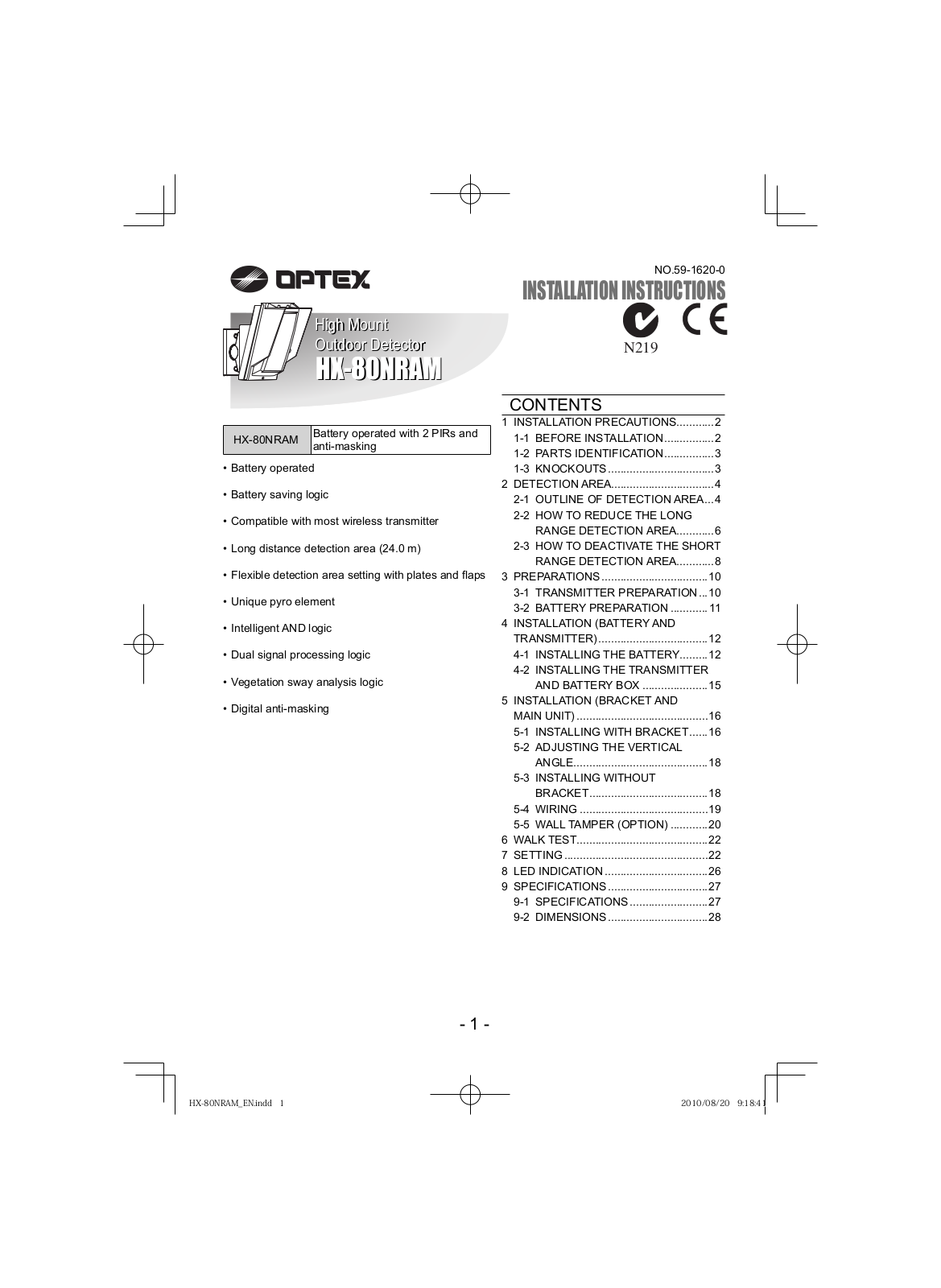 Optex HX-80NRAM, HX-80NRAMi Installation