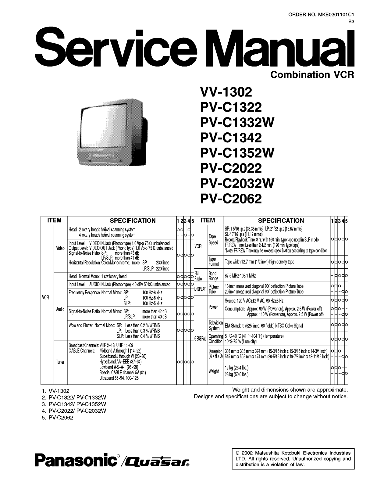 panasonic VV-1302, PV-1322, PV-C1332W, PV-C1342, PV-C1352W Diagram