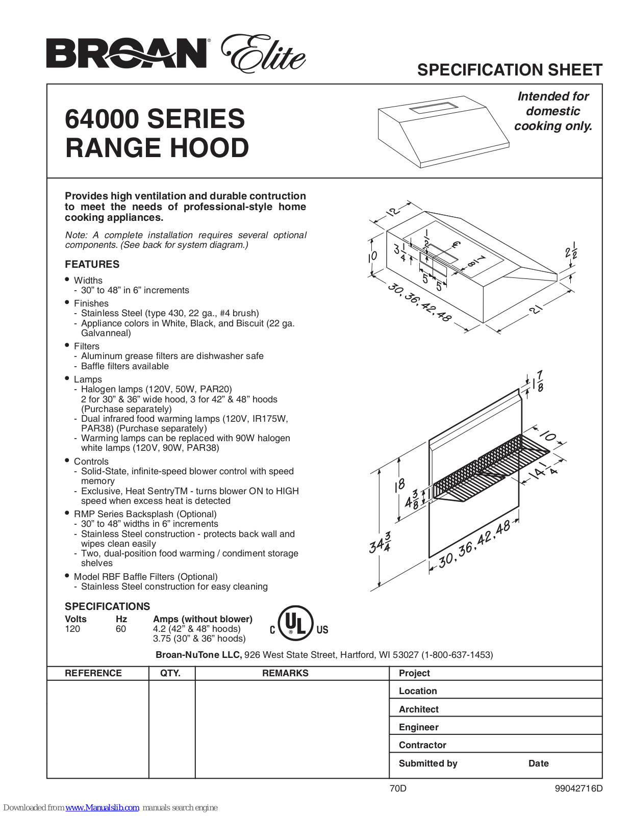 NuTone 644201, 644202, 644204, 644223 Specification Sheet