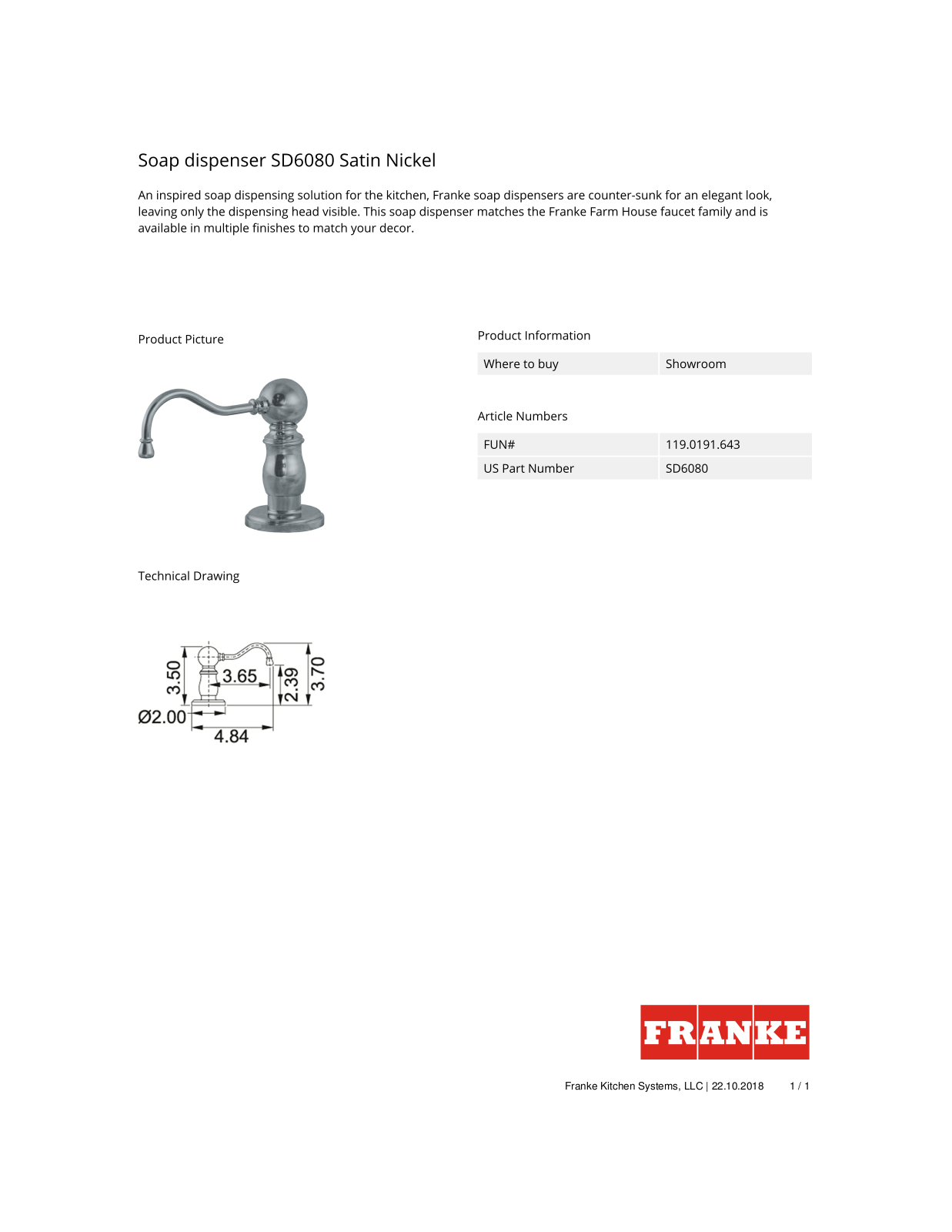 Franke SD6080 Specifications