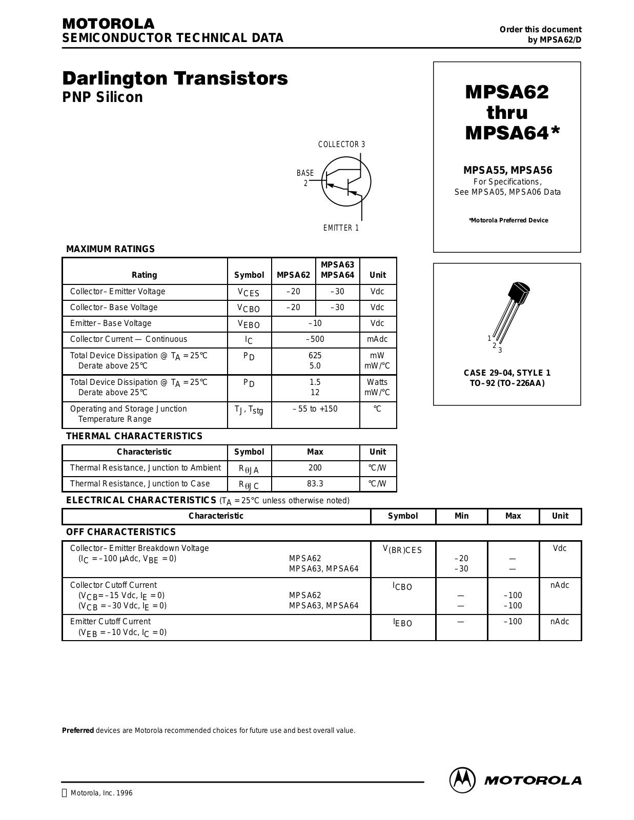 Motorola MPSA63RLRA, MPSA63RLRM, MPSA62, MPSA64, MPSA64RLRA Datasheet