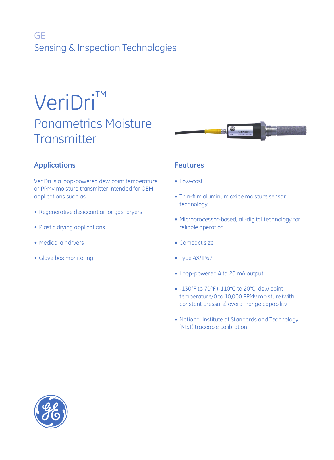 GE Sensing VeriDri OEM Specifications