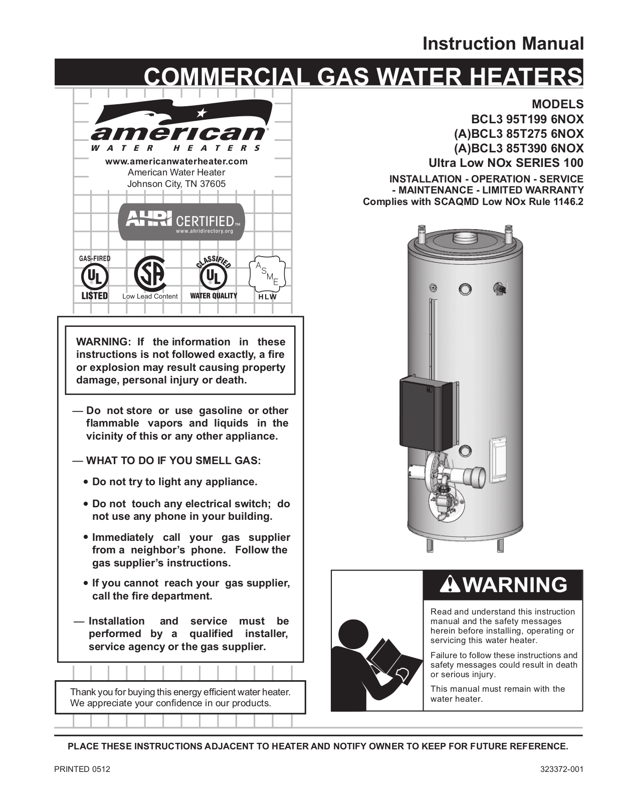 American Water Heater BCL3 85T275 6NOX, BCL3 95T199 6NOX, BCL3 85T390 6NOX User Manual