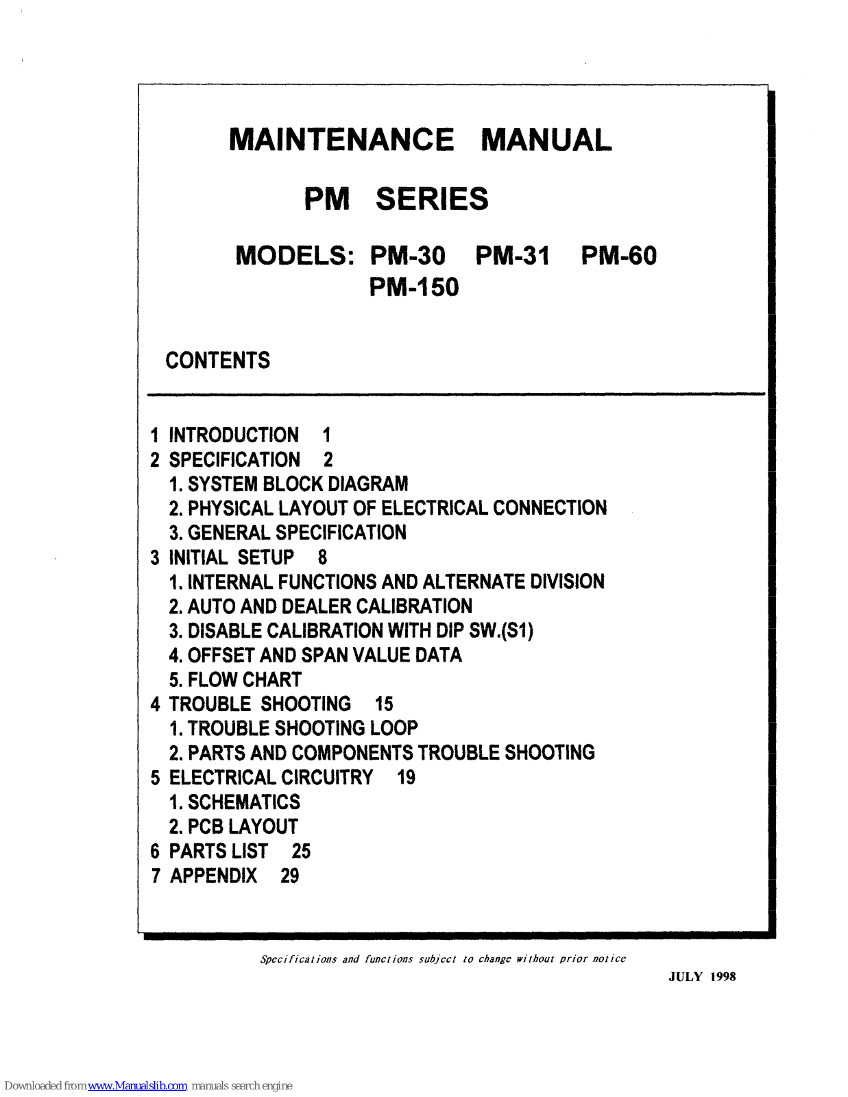 Intelligent Weighing Technology PM-150 PM-30, PM-31, PM-150, PM-60 Maintenance Manual