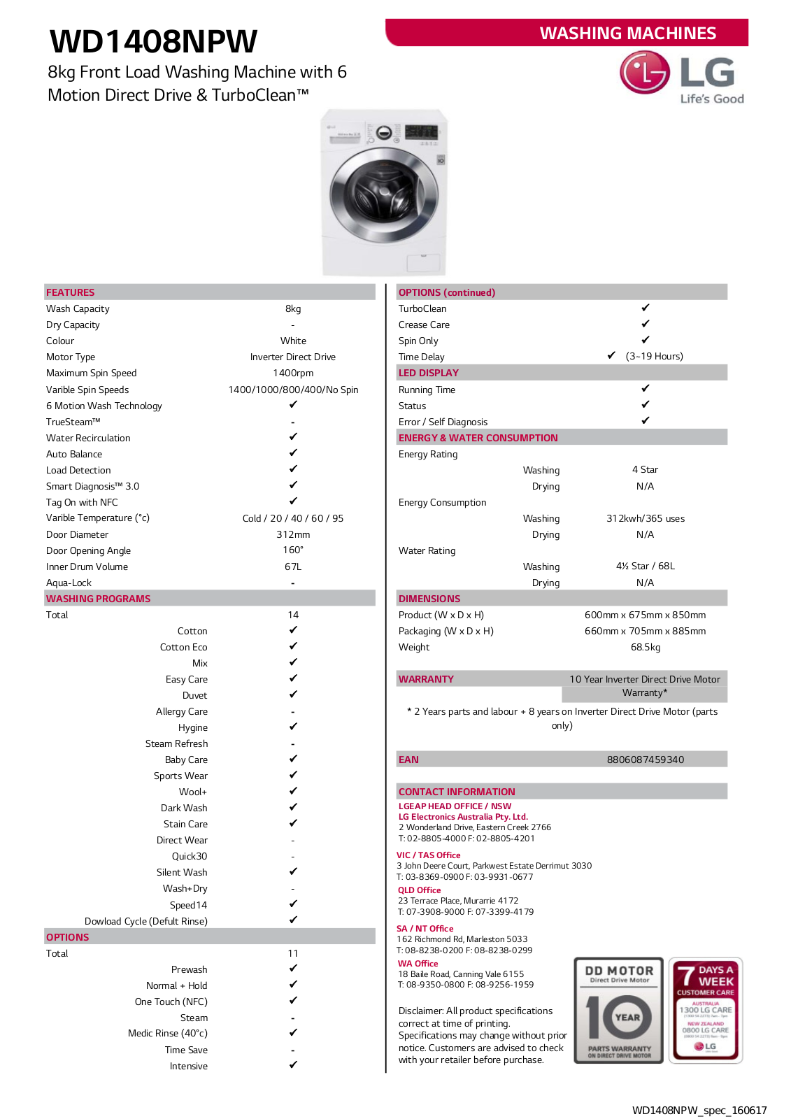 LG WD1408NPW Specifications Sheet