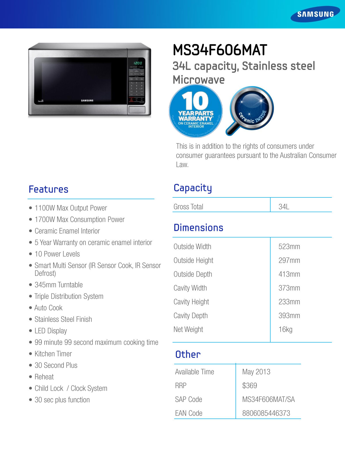 Samsung MS34F606MAT Specifications Sheet