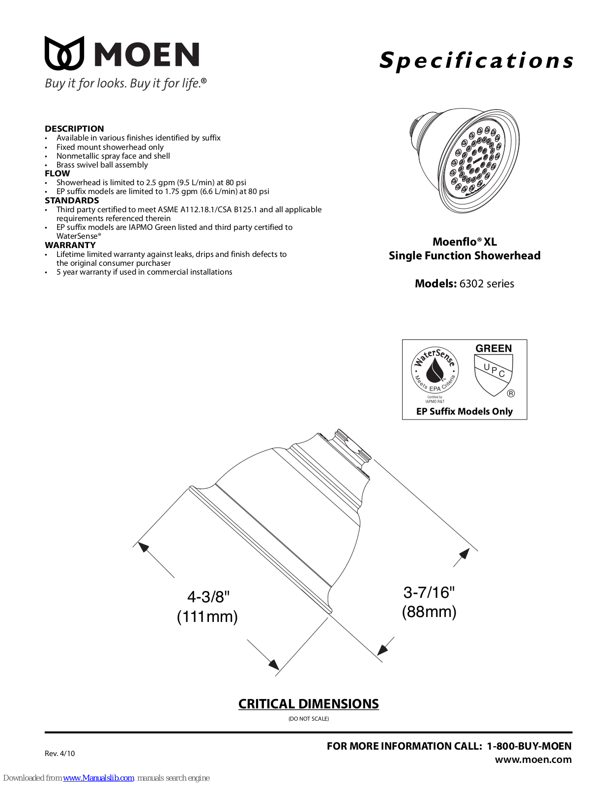 Moen 6302AN, 6302ORB, 6302AZ, 6302BN, 6302P Specifications - ManualMachine.com