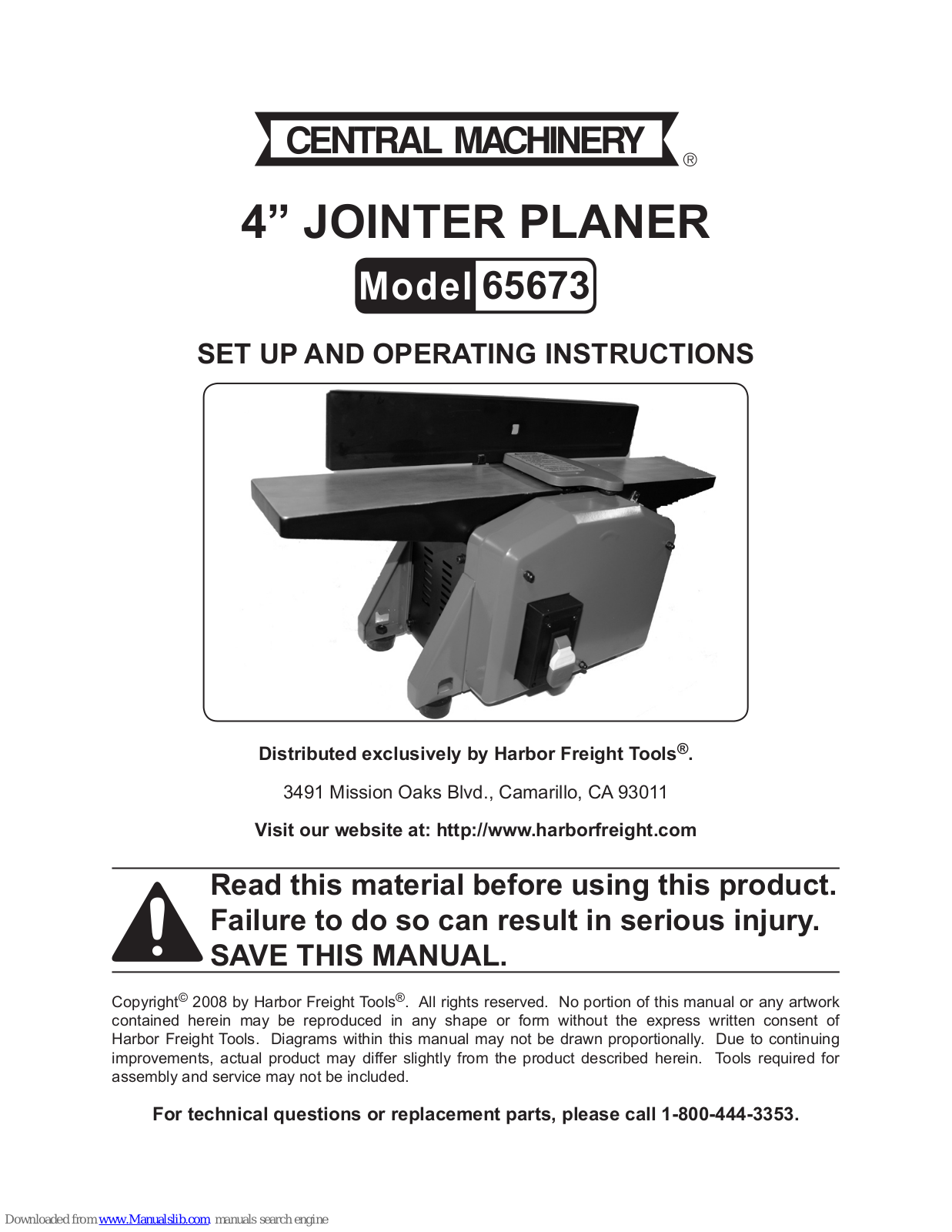 Central Machinery 65673 Set Up And Operating Instructions Manual