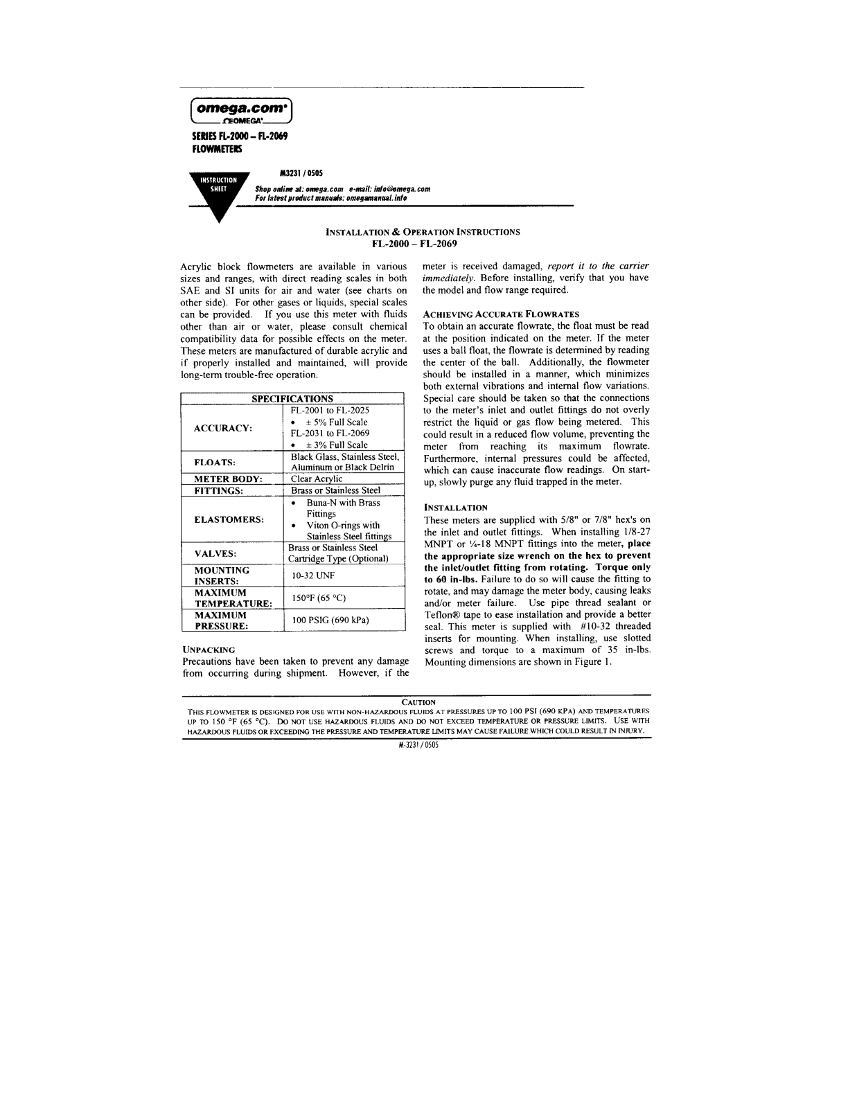 Omega Products FL-2001 Installation  Manual