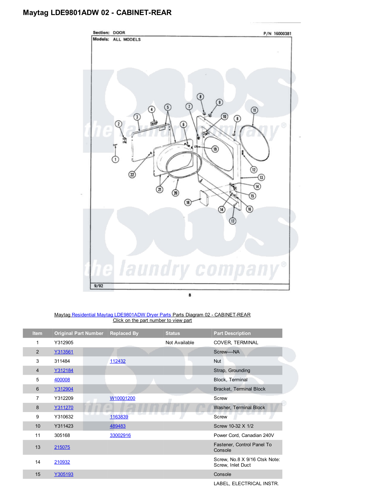 Maytag LDE9801ADW Parts Diagram