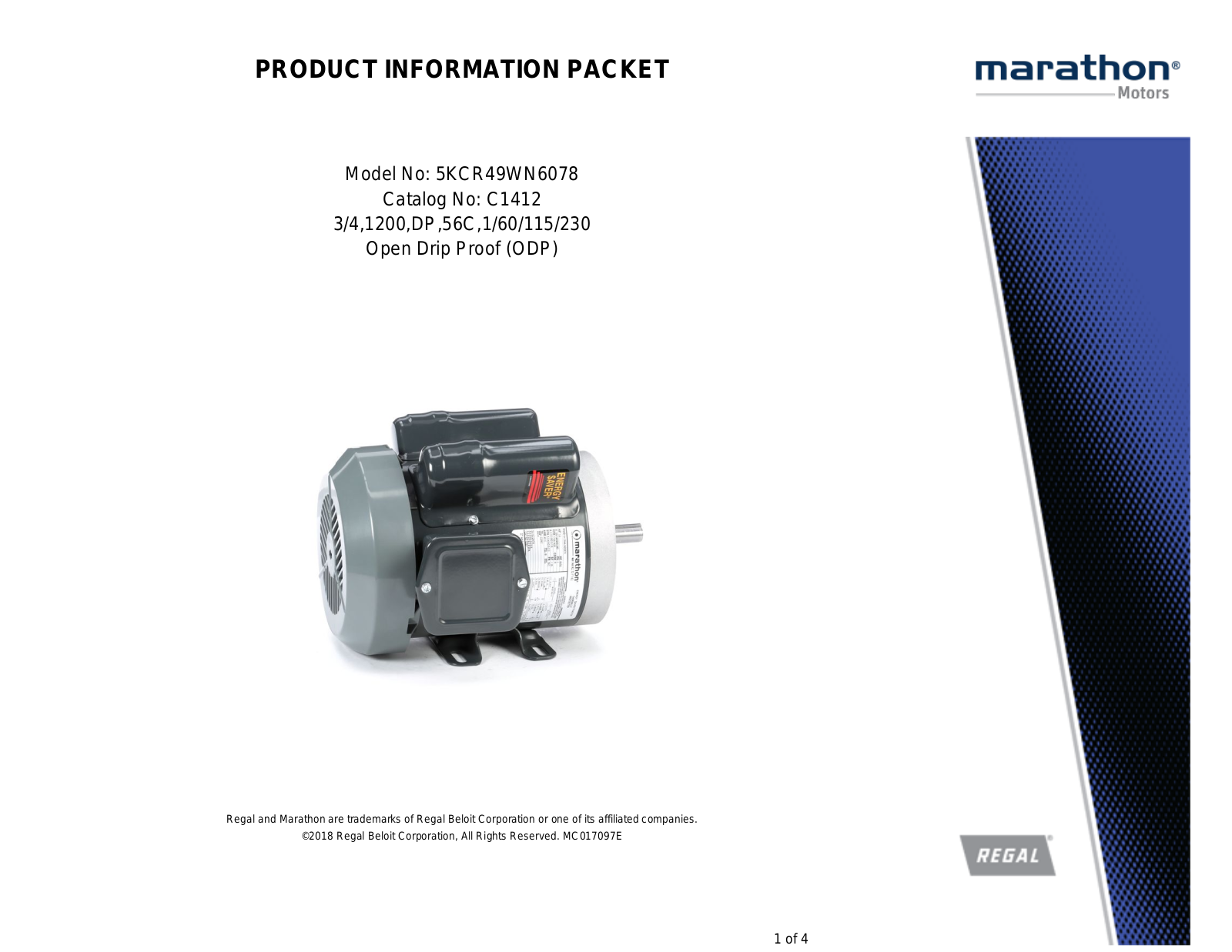 Marathon Electric 5KCR49WN6078 Product Information Packet