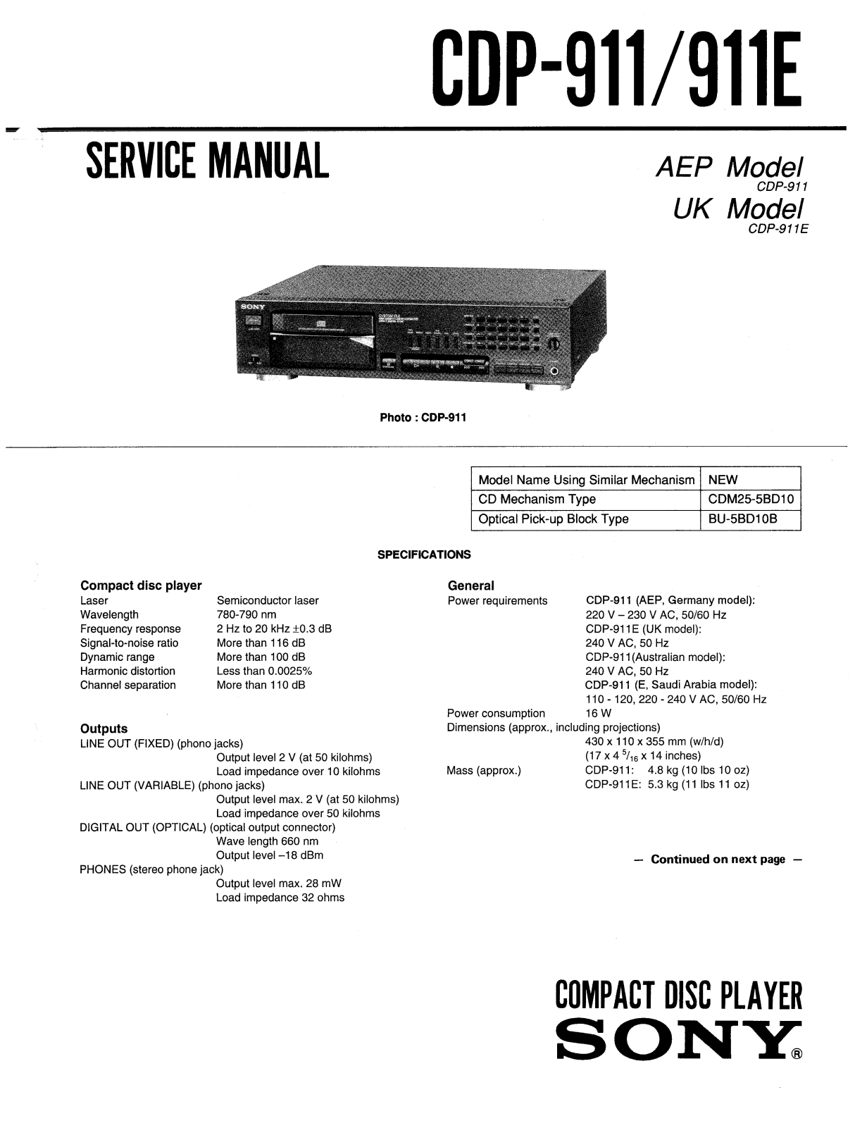 Sony CDP-911, CDP-911-E Service manual
