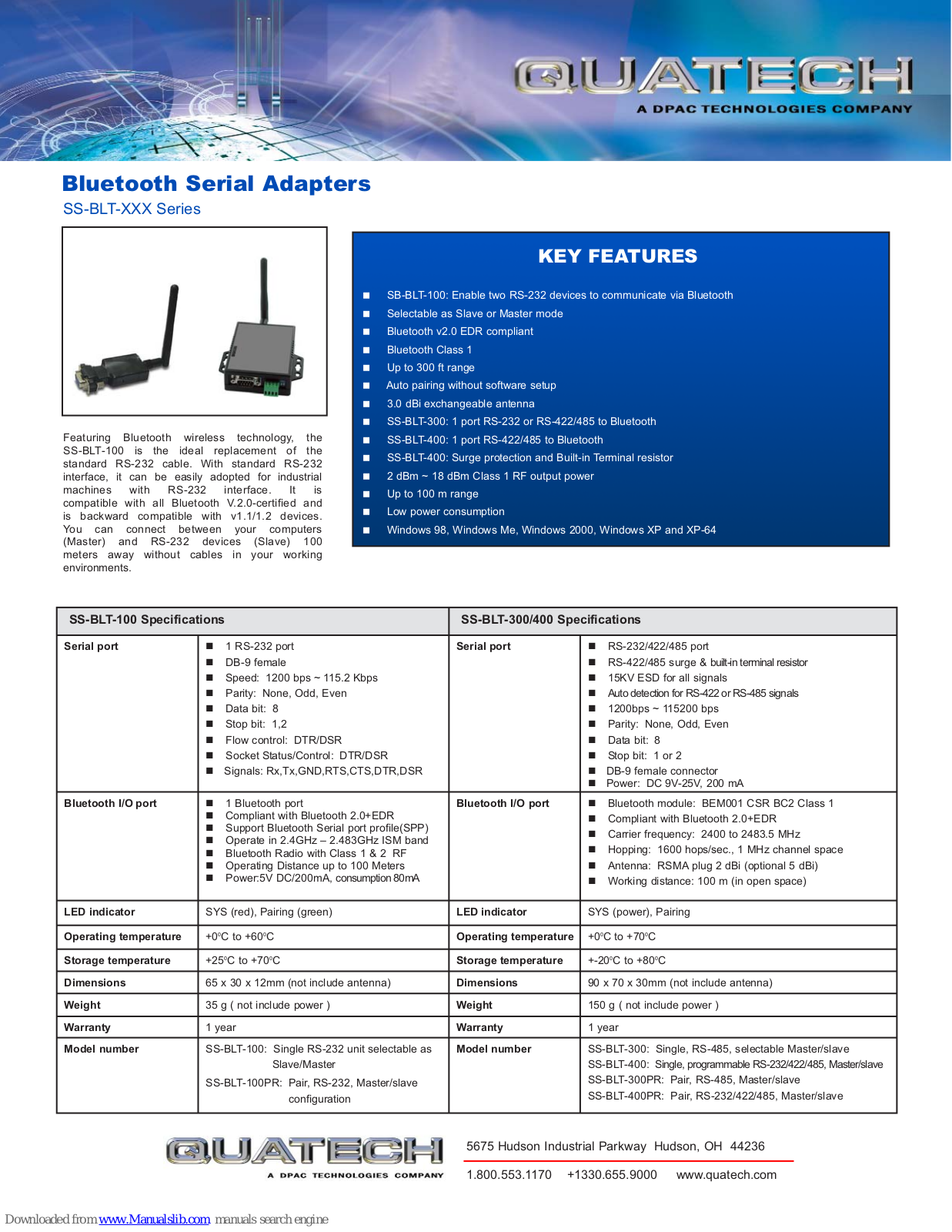 Quatech SS-BLT-XXX Series, SS-BLT-100, SS-BLT-300, SS-BLT-400 Specifications