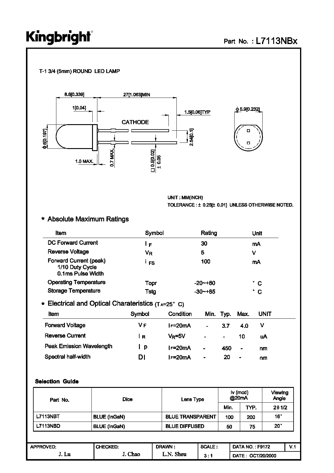 KINGBRIGHT L7113NBT, L7113NBD Datasheet