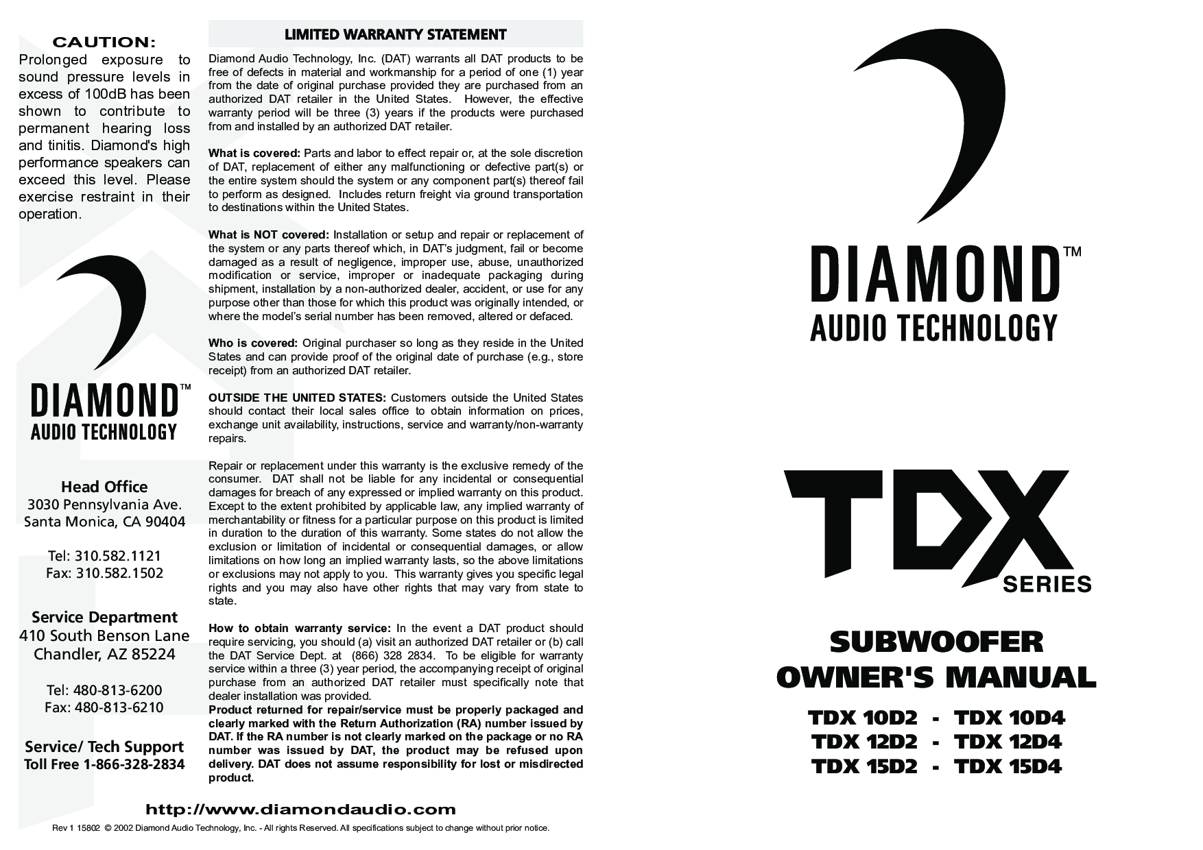 Diamond Audio Technology TDX 12D2, TDX 12D4, TDX 10D4, TDX 12D3, TDX 10D3 User Manual