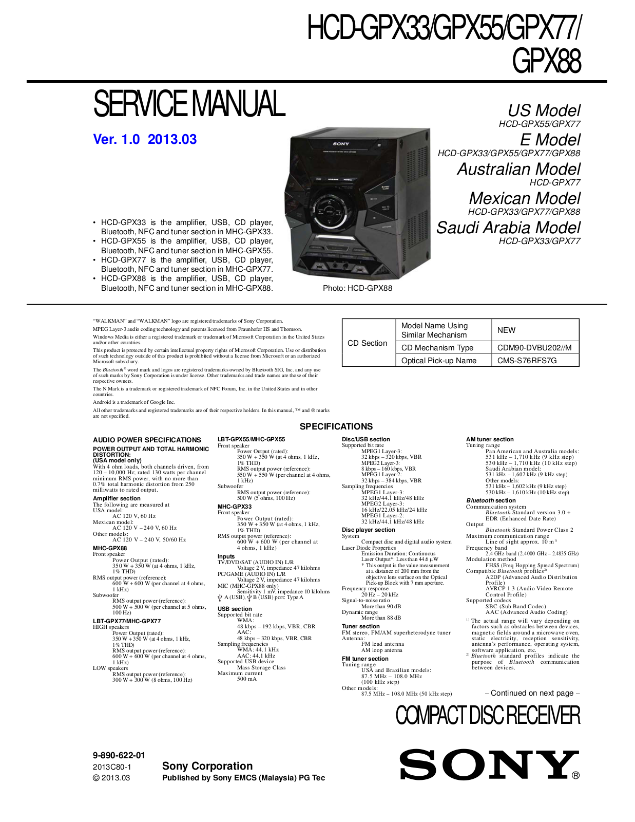 Sony HCD-GPX33, HCD-GPX55, HCD-GPX77, HCD-GPX88 Schematic