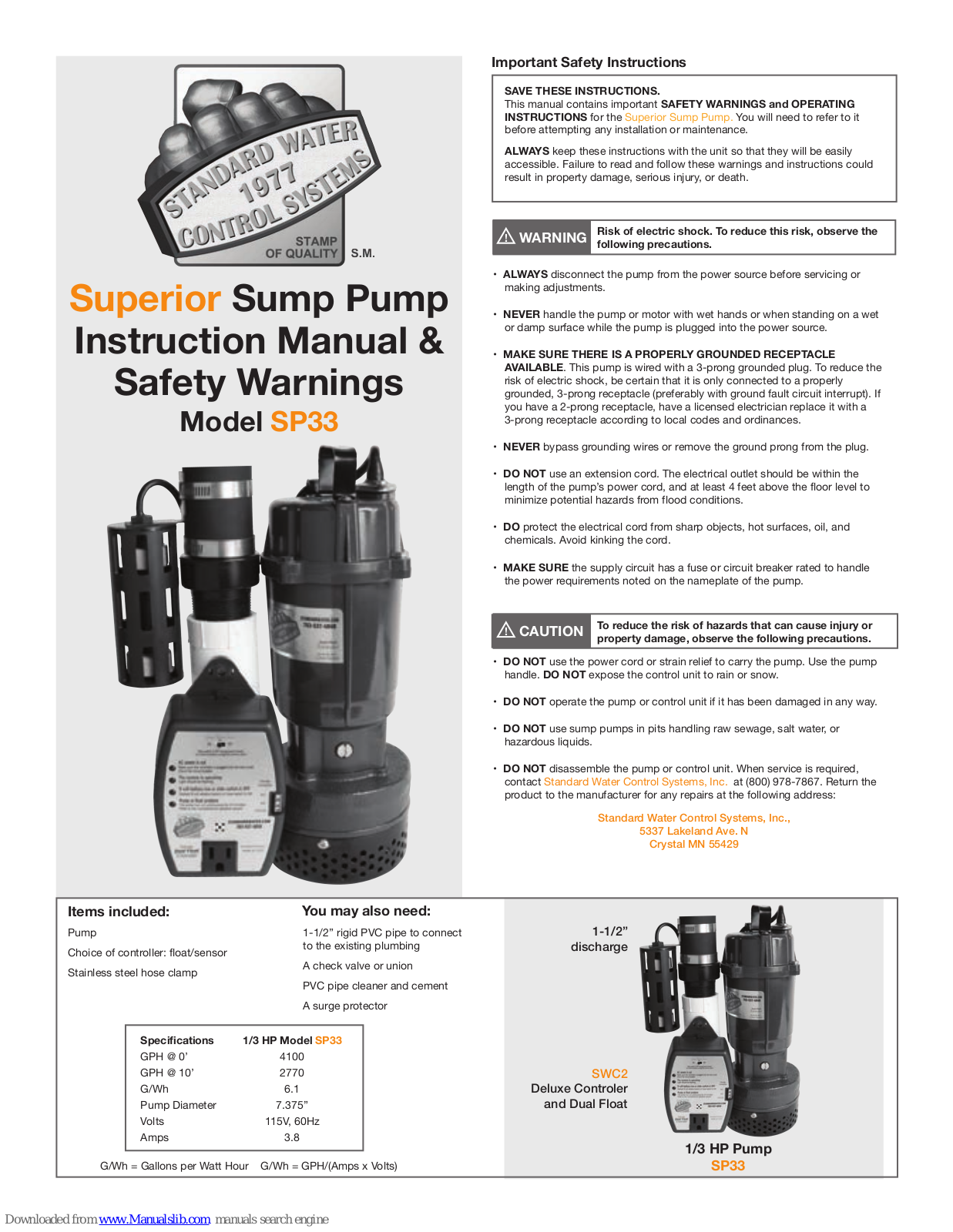 Superior SP33 Instruction Manual & Safety Warnings