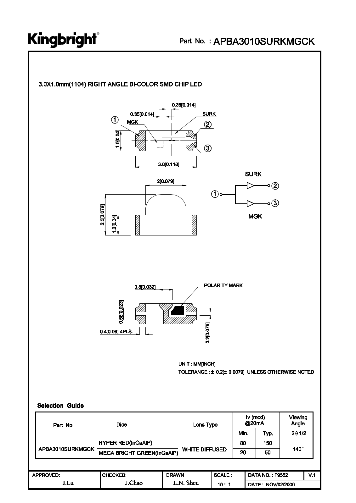 Kingbright APBA3010SURKMGCK Datasheet