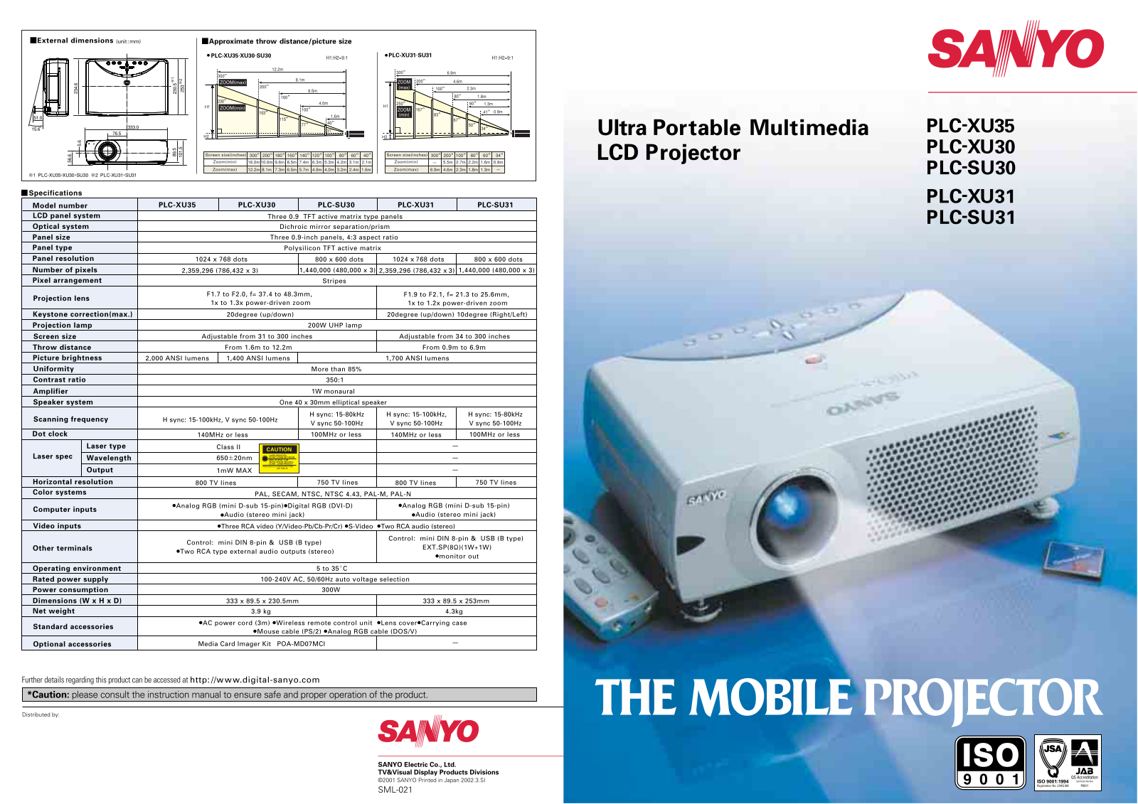 Sanyo PLC-XU31, PLC-SU31 Product Sheet