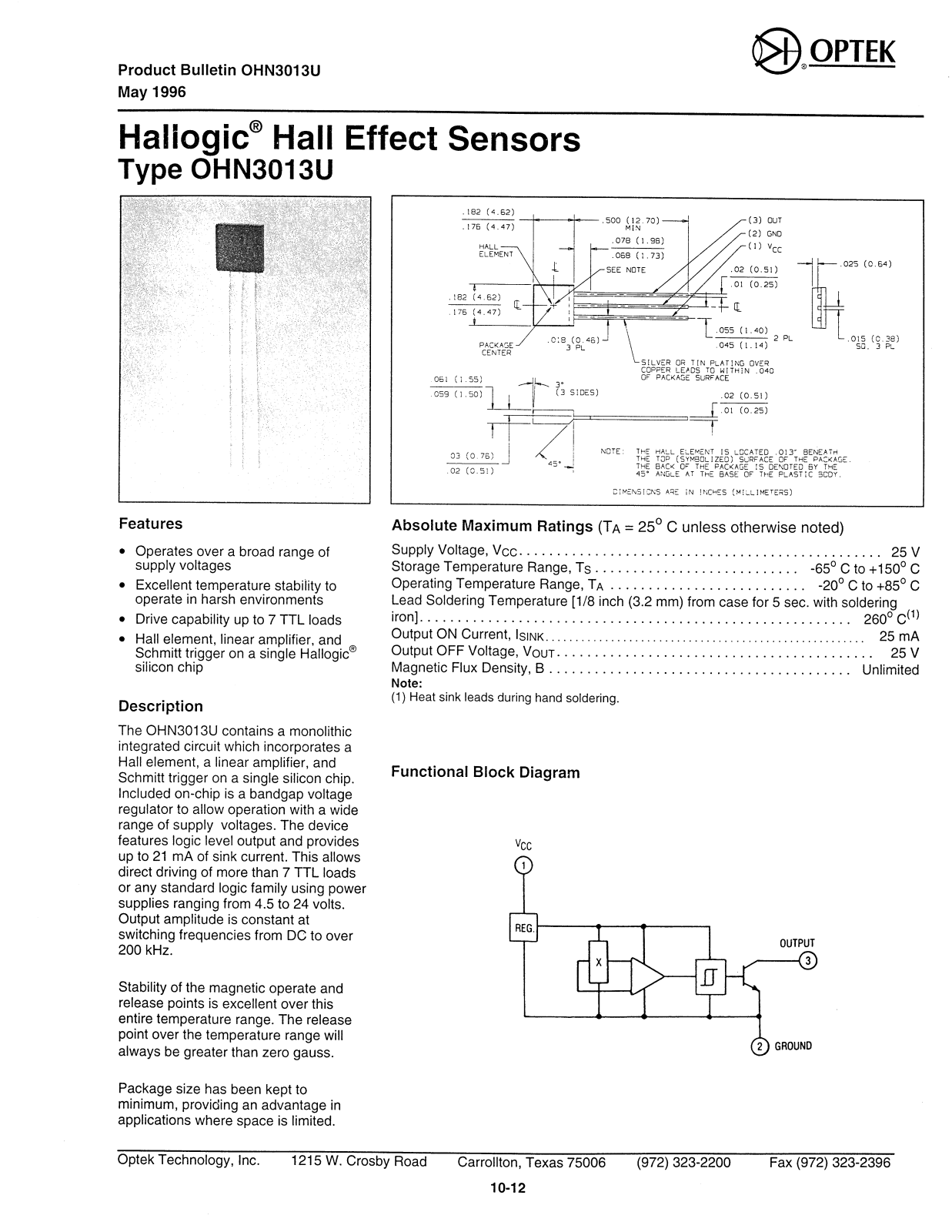 OPTEK OHN3013U Datasheet