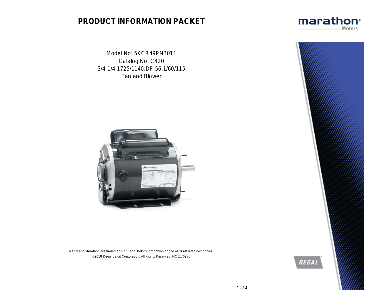 Marathon Electric 5KCR49PN3011 Product Information Packet